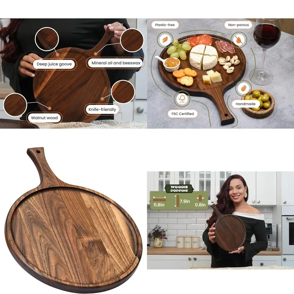 

15x11 Inch American Dark Walnut Charcuterie Board with Handle - Versatile Serving and Cutting