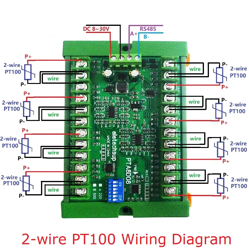 The 8AI RS485 Analog Input PT100 RTD RS485 Temperature Sensor Acquisition Module is to replace NTC K Thermocouple DS18B20