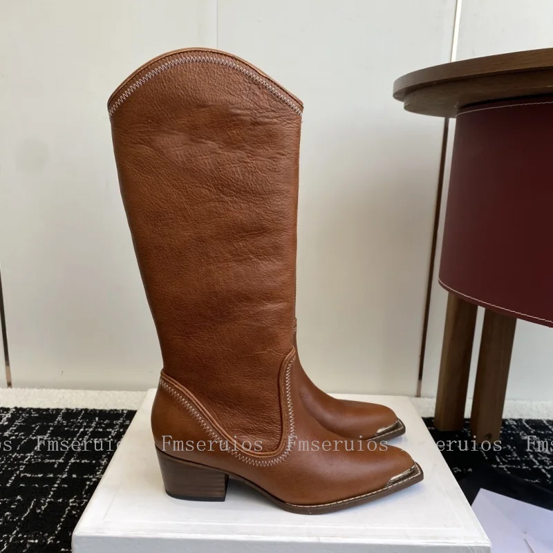 2025 العصرية قبعات رعاة البقر الغربية أحذية النساء حذاء برقبة للركبة كعب مكتنز جلد طبيعي أشار تو موضة أنيقة تصميم موجز