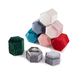 Vintage Hexagon Velvet Ring Box With Detachable Lid Jewelry Case Earring Organizer Storage Proposal Engagement Wedding Display