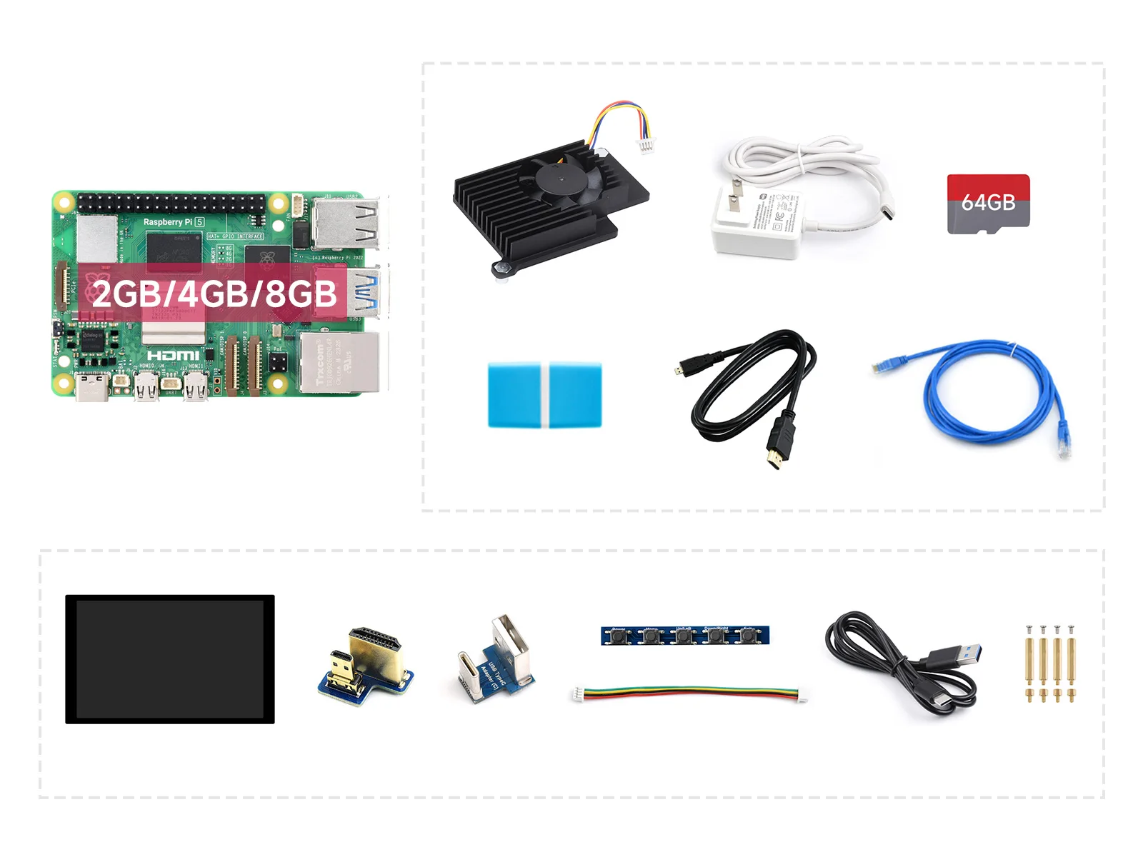 PI5 Display Kit A,With Raspberry Pi 5-2GB/4GB/8GB Version,With 10.1inch Capacitive Touch Display,With Pi5-Active-Cooler-A/Case