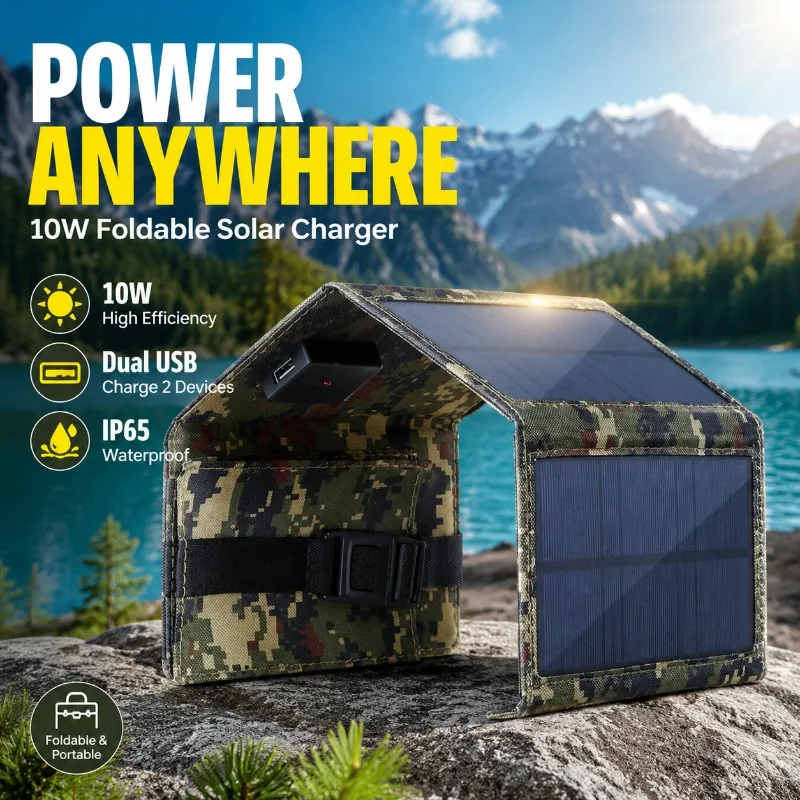 10W Foldable Solar Charger Waterproof Solar Panel Pack Portable Photovoltaic Power Supply for Outdoor Travel Camping Hiking