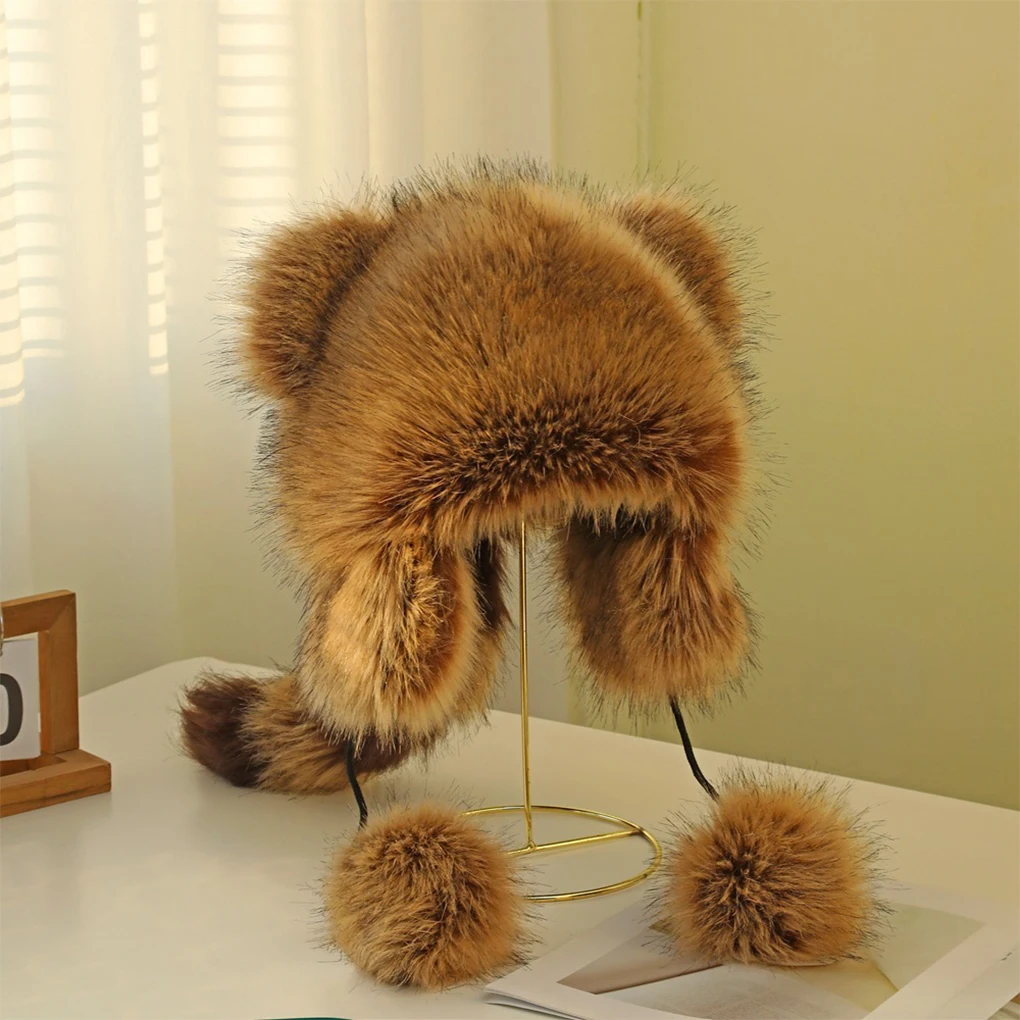 Classic Faux Fur Aviator Hat Fashion Brown Earflap Hat Thick Cold Protection Fluffy Women’s Trapper Hat for Daily Use image 3