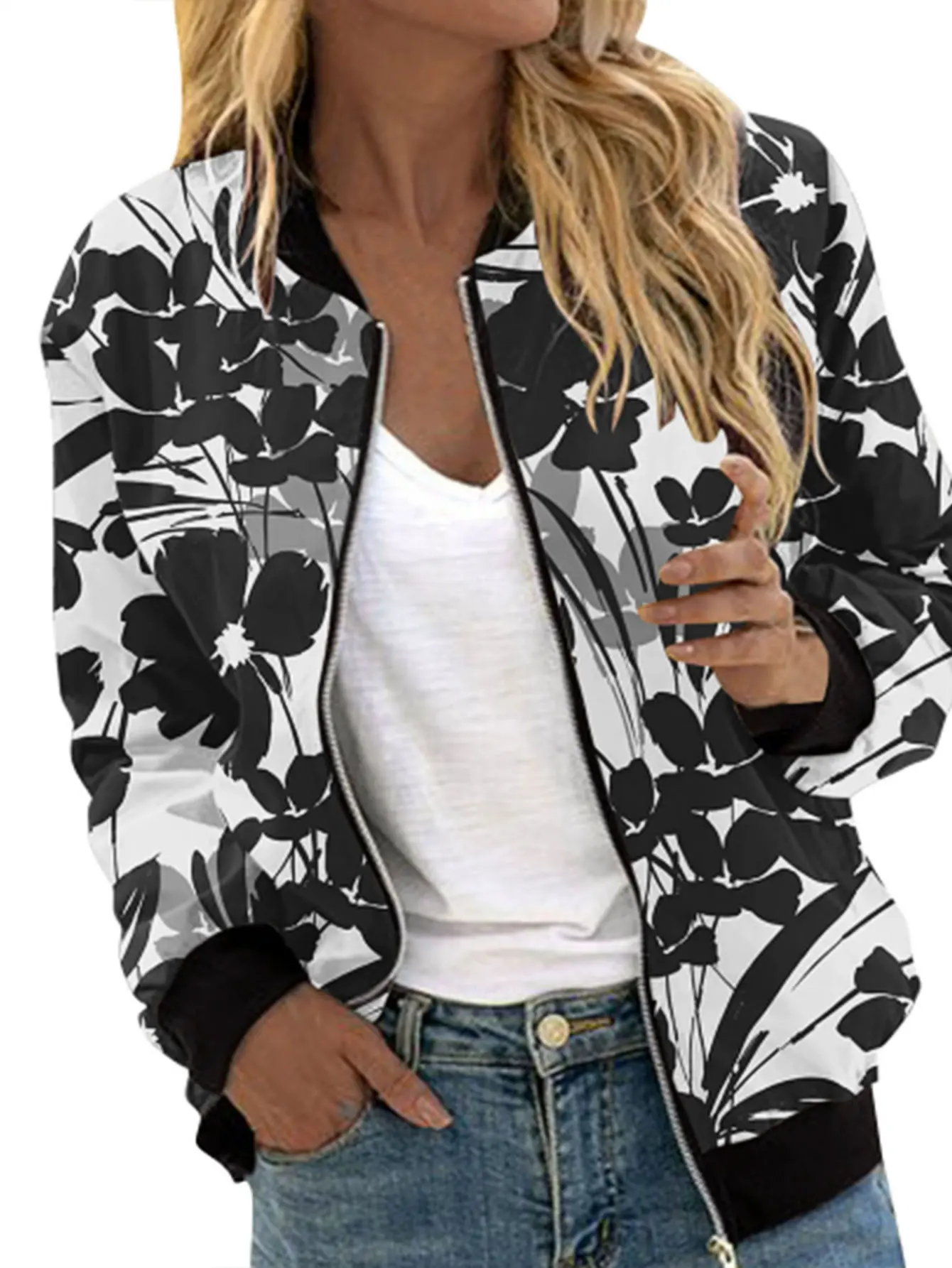 

Women's Full Print Long Sleeve Baseball Jacket Casual Fashion Autumn Upper Apparel Regular Fit