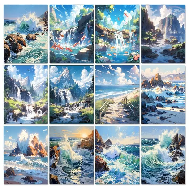 

GATYZTORY Painting By Numbers Waterfall Landsape On Canvas Acrylic Paint By Numbers For Adults Waves Digital Painting Decoration