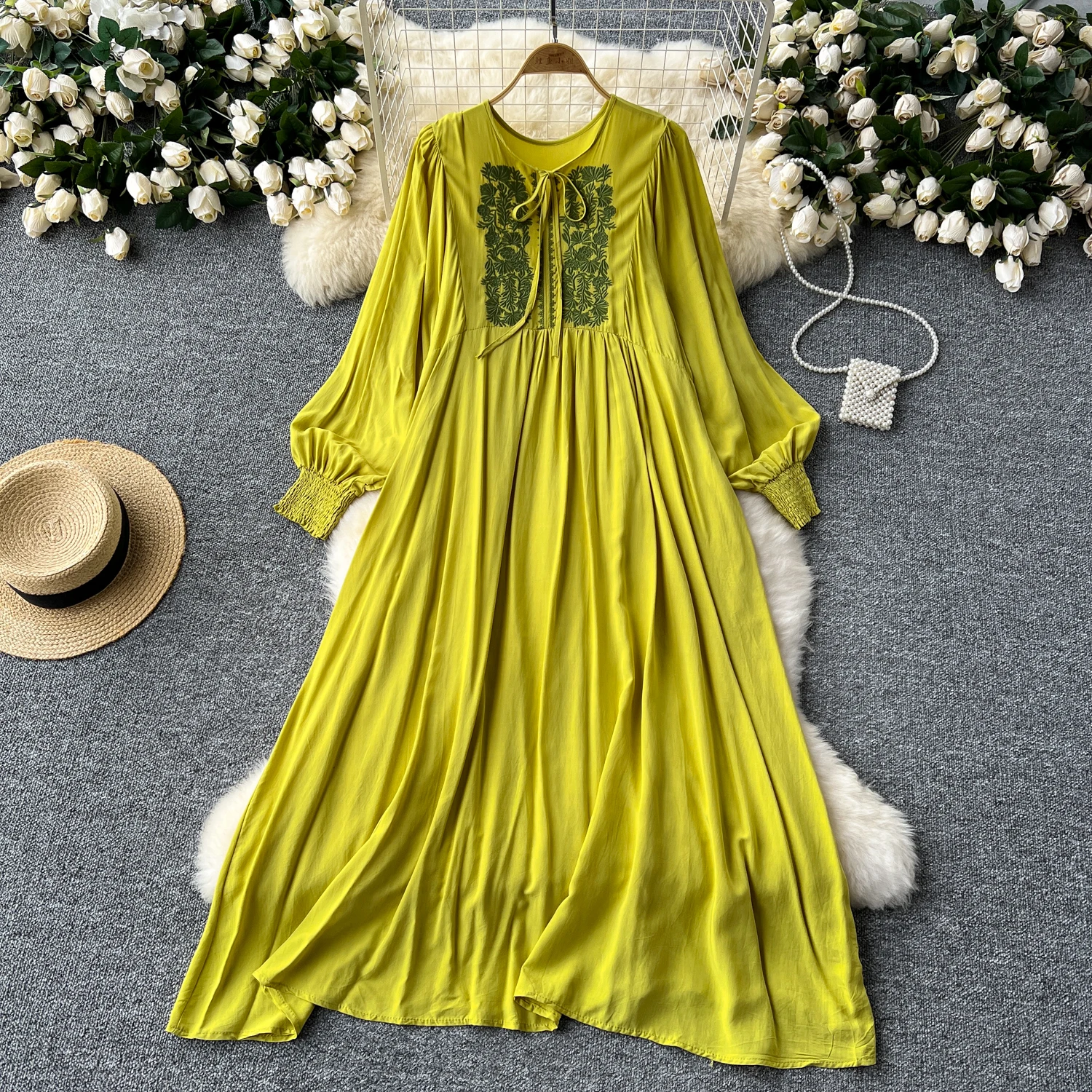 Retro embroidery loose lace-up o neck Lantern Sleeve summer Dress A-line Vacation print Women Elegant sweet dresses