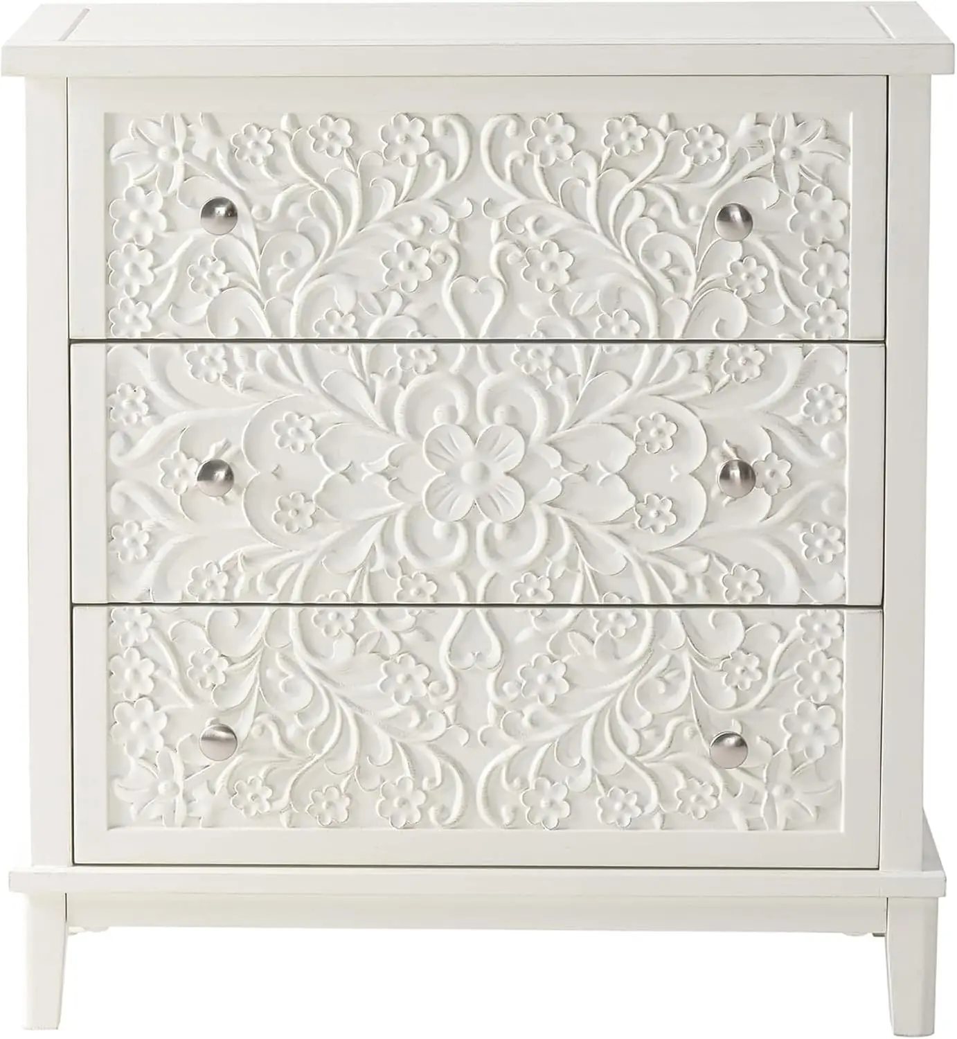 White-Washed Wood 3-Drawer Fully-Assembled Dresser with Flower Motif for French Country, Farmhouse, Modern, Rustic Style