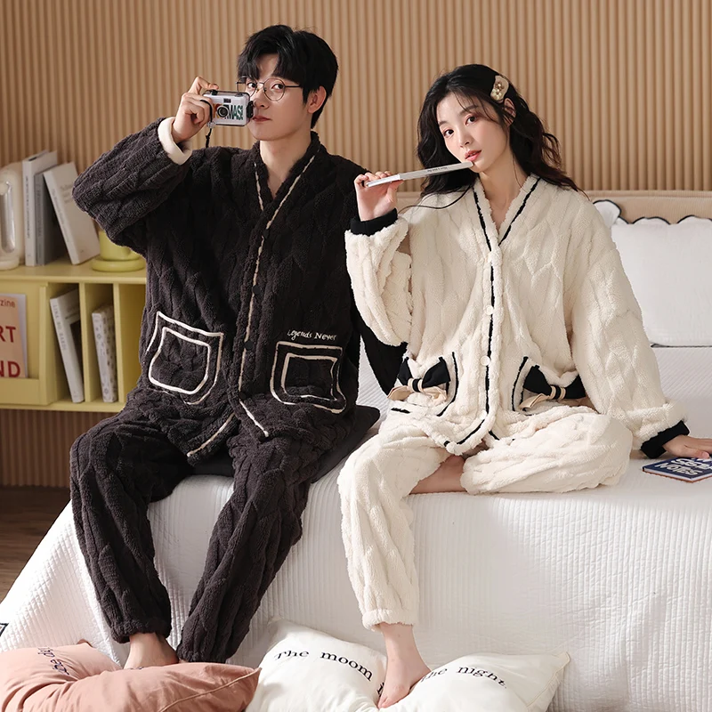 Winter Coral Fleece Lined Couple Pajamas Set New Style Cardigan Home Clothes For Men And Women Thickened For Cold Weather