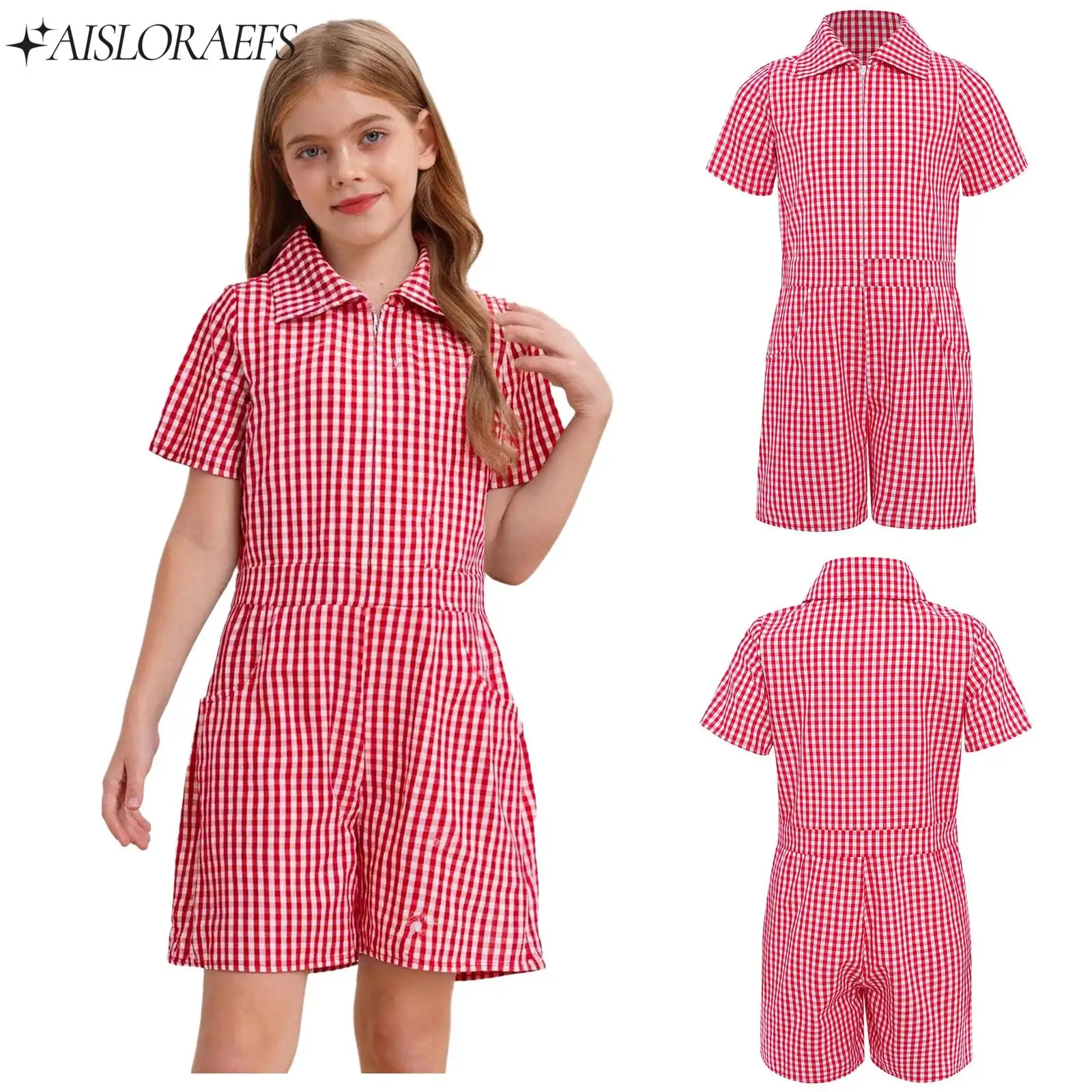 

Kids Girls School Uniform Casual Playsuit Plaid Turn-Down Collar Short Sleeve Front Zipper Jumpsuit with Pockets for Daily Party