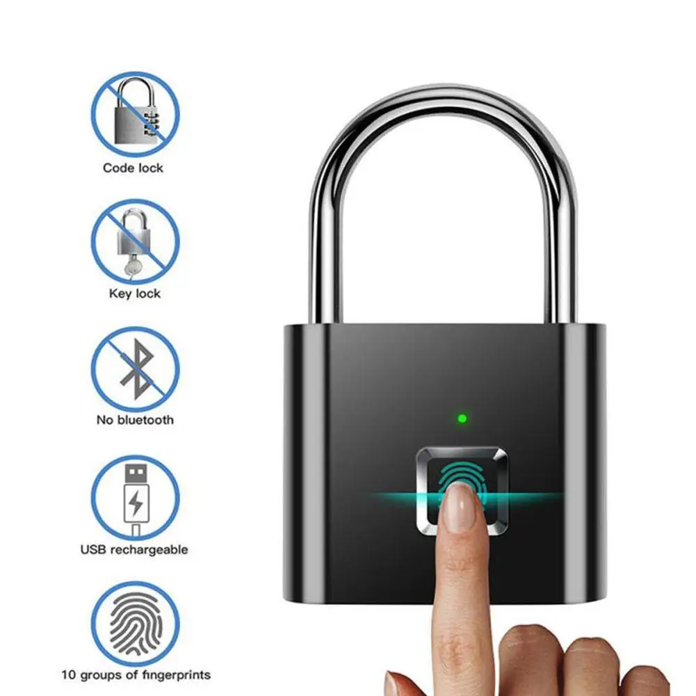 Smart Fingerprint Padlock Outdoor Waterproof Portable USB Security Fingerprint Anti-Theft Keyless Padlock Lock Charging Dig M0J7