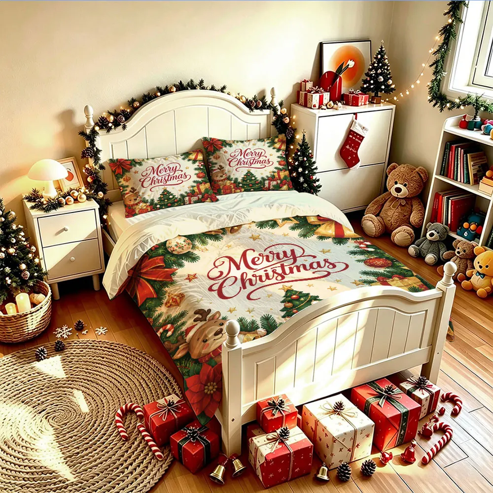 Merry Christmas Wreath Deer Gift Bow 3Pcs Duvet Cover Set Winter Holiday Floral Festive Bedding Set