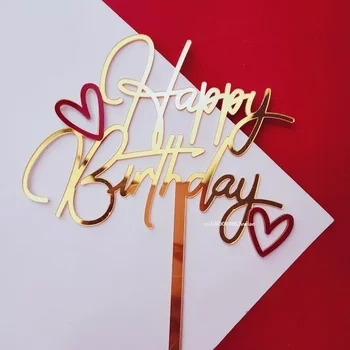 생일 축하 더블 레이어 해피 아트 폰트 레드, 작은 하트 케이크 토퍼, 생일 파티 디저트 장식, 아기 파티 용품