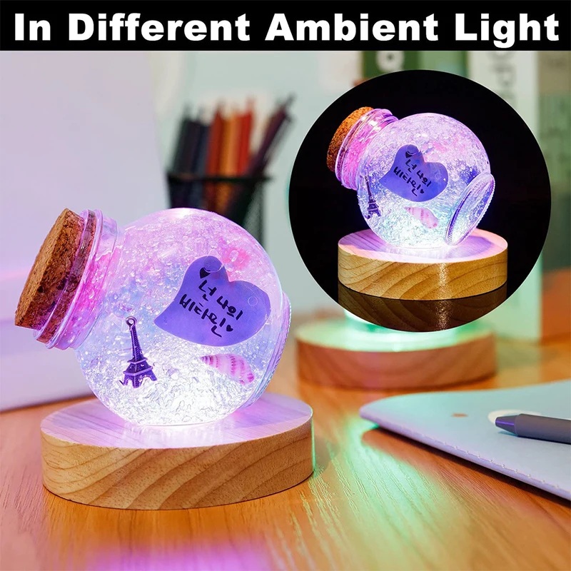 Round Wooden Base Crystal Ball Display LED Light Stand Glass Resin Art Ornament Lamp Holder Night Light