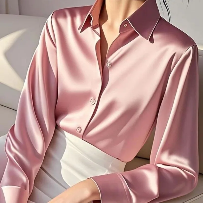 Women Satin Long‑Sleeve Blouse, Turn‑Down Collar Solid Color Button‑Up Shirt for Office & Daily Wear, Loose Fit