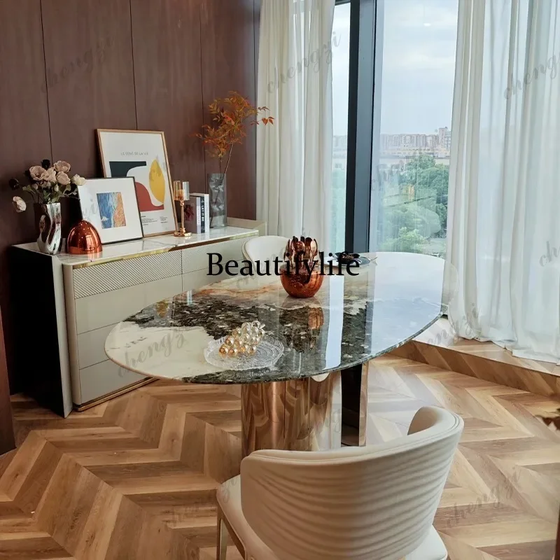 CC  Natural green diamond luxury stone dining table water drop designer living room oval marble dining table