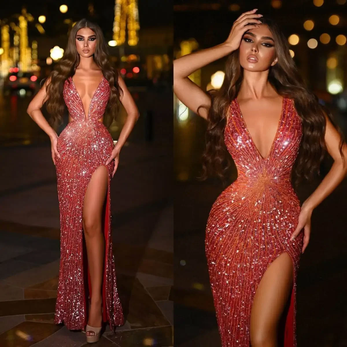 Elegant Sequins Evening Dresses V Neck Prom Gowns Side Split Sleeveless Shiny Custom Made Party Dresses Vestidos de noche