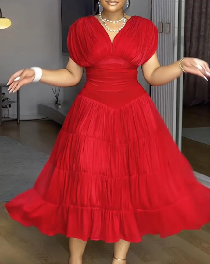 

2025 Casual Simple Style Unique Textured V Neck Sleeveless Ruched Ruffles Hem Dress Casual Waist A Line Party Midi Dress