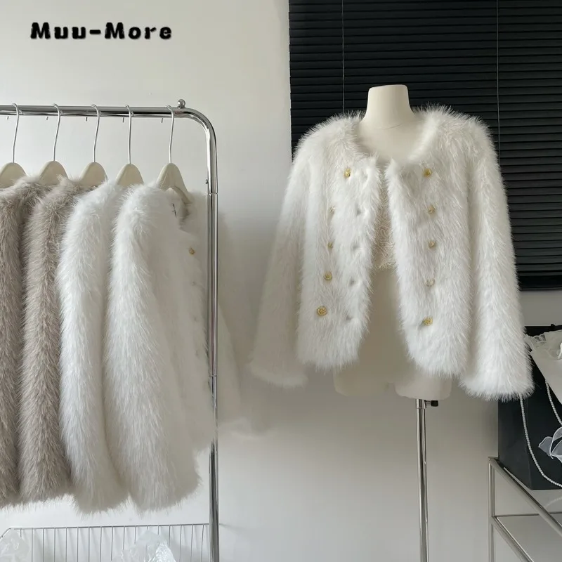 Haut en fourrure à double boutonnage à manches longues pour femmes, veste d'extérieur respirante, faux manteau monochrome, optique chaude, luxe décontracté, hiver, 2023