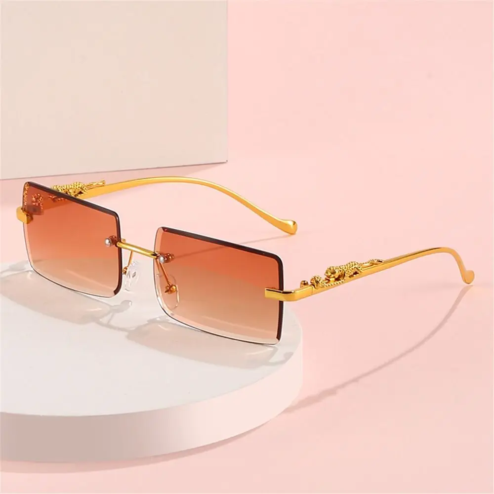 Vintage Metal Cheetah Decor Rectangle Sunglasses Rimless Colorful Ocean Lens Sun Glasses UV400 Eyewear for Women & Men