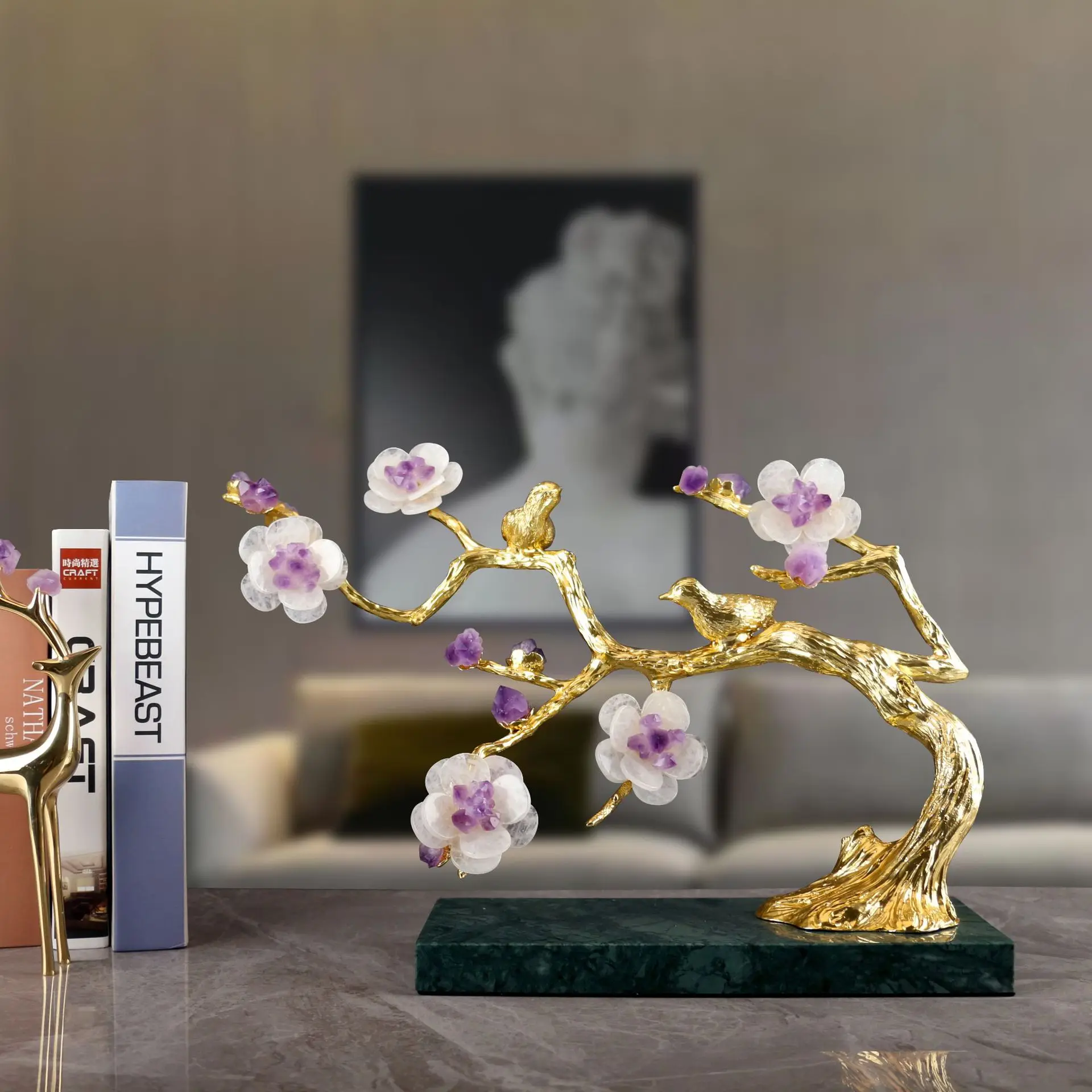 Metal Handicraft Purple Crystal Flower Golden Tree Natural Sculpture Plum Blossom Figurine Home Decoration Accessories