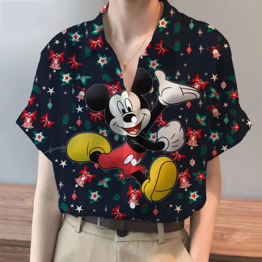 Summer Christmas New Street Style Disney Brand Mickey And Minnie Anime Short Sleeve Shirt Fashion Casual Ladies Kawaii Top Y2k