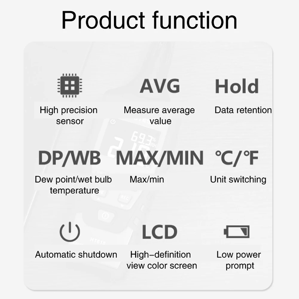 HT618 Digital Temperature Humidity Meter Dew Point Thermometer Hygrometer Psychrometer with Backlight Color Screen Display