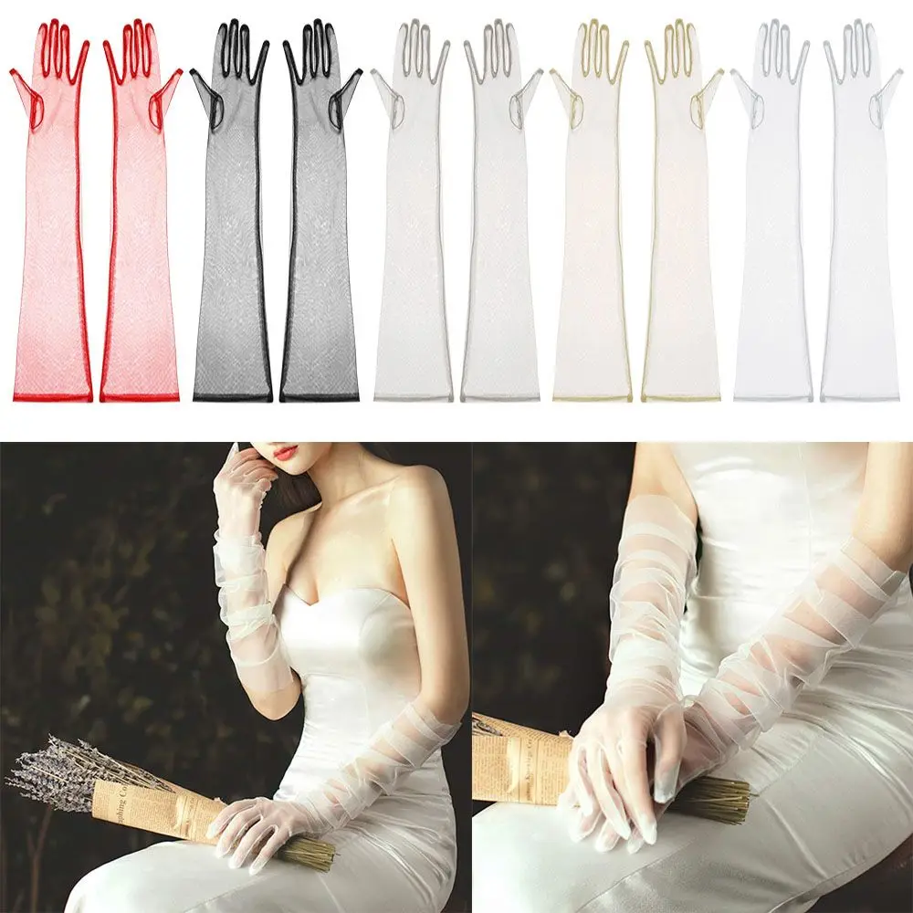 1 Pair Women Ultra Thin Gloves Tulle Elbow Long Wedding Bridal Gloves Gown Dress Mittens Sheer Vintage Glove Evening Prom Decor