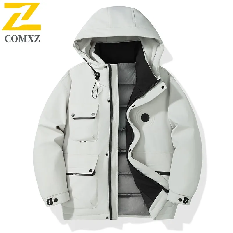 COMXZ 2025 Men Down Jacket Hooded Outdoor Travel Cold Protection Puffer Jacket Hiking Autumn Winter Lightweight Padded Jackets
