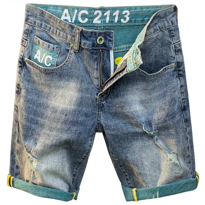 Calção jeans fina masculina, estampada na moda, elástica, calça raspada, design respirável, calça média casual, verão