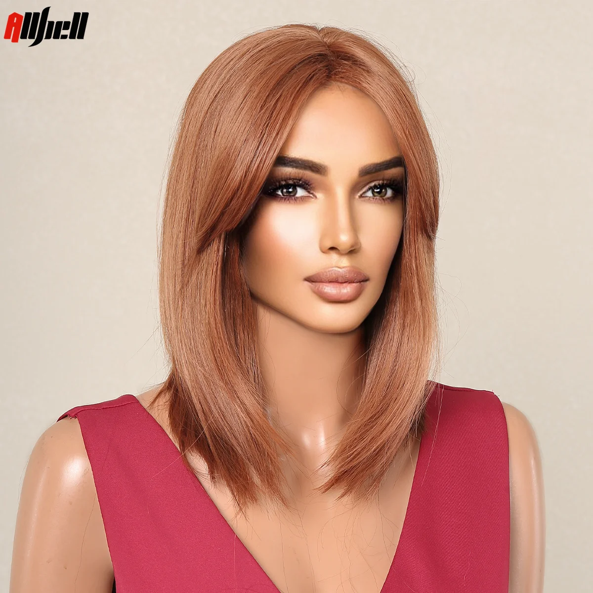 Ginger Brown Straight Wig with Bangs for Women Short Synthetic Red Brown Copper Shoulder Length Wig Heat Resistant Daily Hair