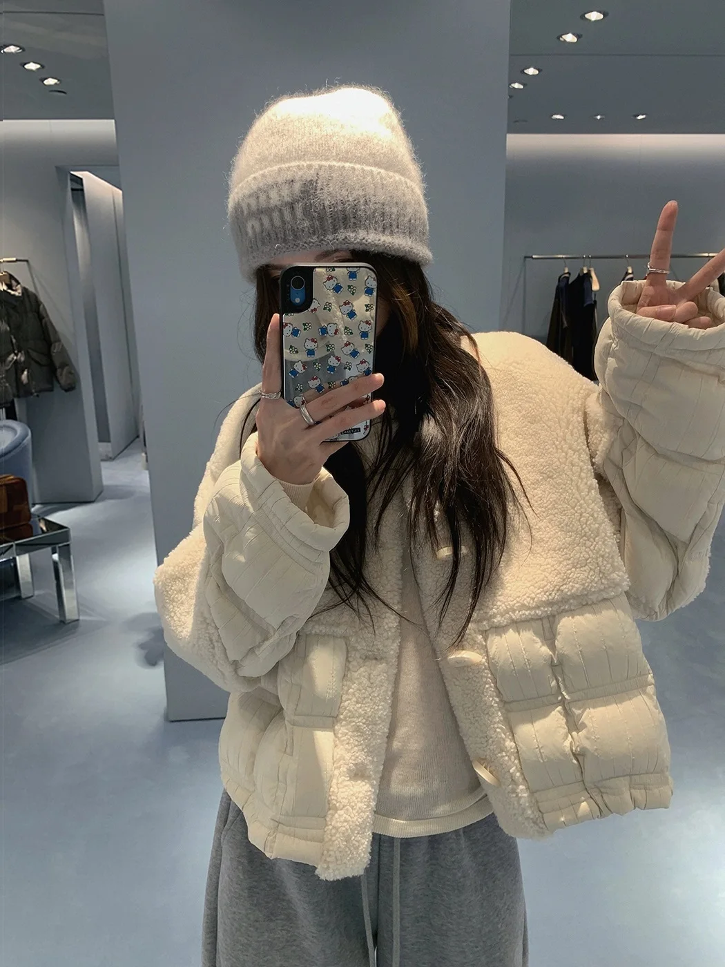 

High-End Lamb Fur Spliced down Jacket Women's Winter New Style Warm White Duck down Coat Korean Style Straight Cut Thickened