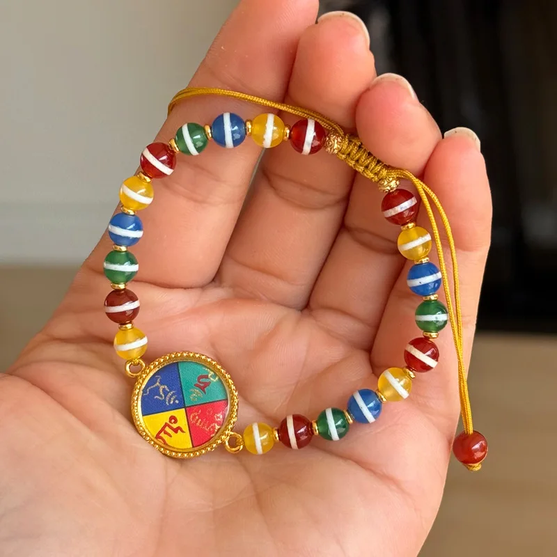 Natural red agate bead with Tibetan-style small thangka pendant, fortune god Dzi beads, and multi-treasure bracelet