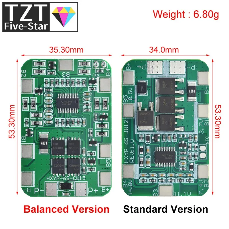 TZT 6S 22.2V 25.2V 14A 20A 18650 Li-ion Lithium Battery Charger Protection Board with Balanced PCB BMS 6 Pack Cells Module