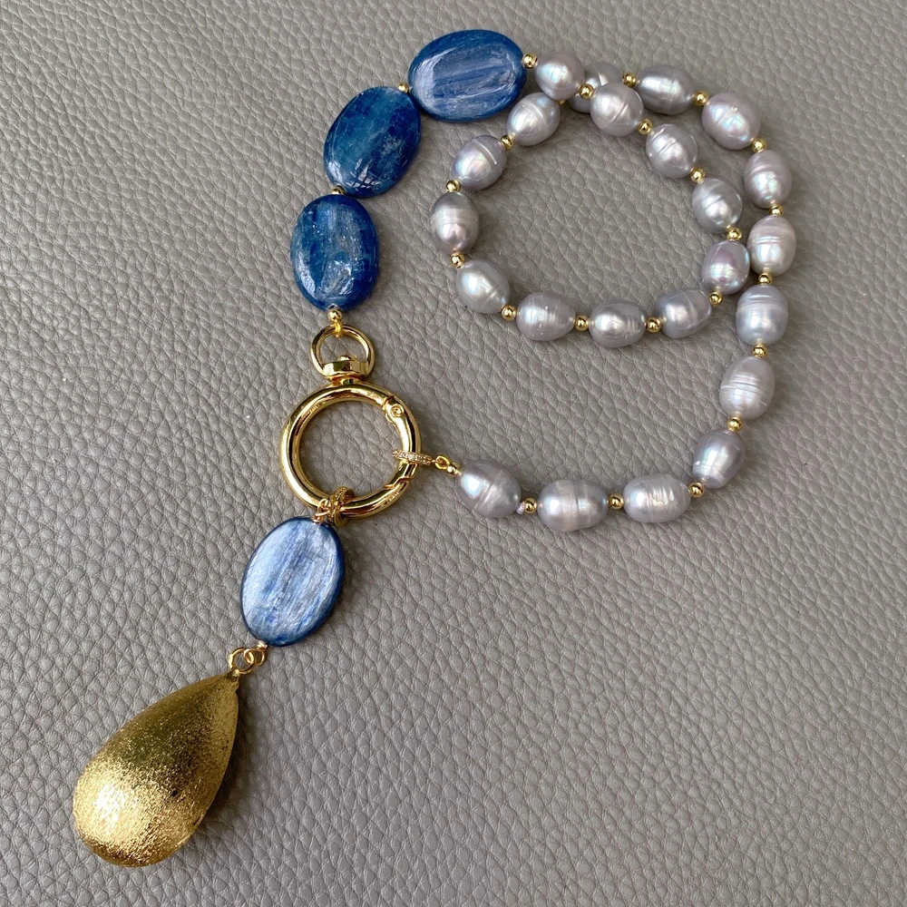Y·YING Cultured Gray Rice Pearl Blue Oval Kyanite Brushed Teardrop Pendant Necklace Gemstone Jewelry Dropship