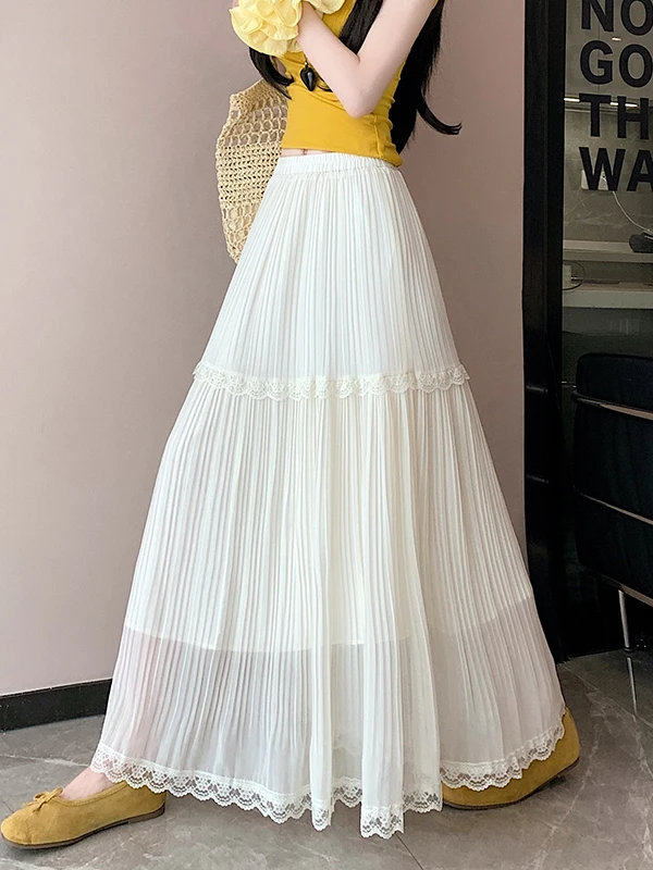 

Женская юбка А-силуэта с высокой талией, шифоновая, с кружевными вставками, на резинке, весна-лето, стройнящая, повседневная, длинная, из полиэфирного волокна