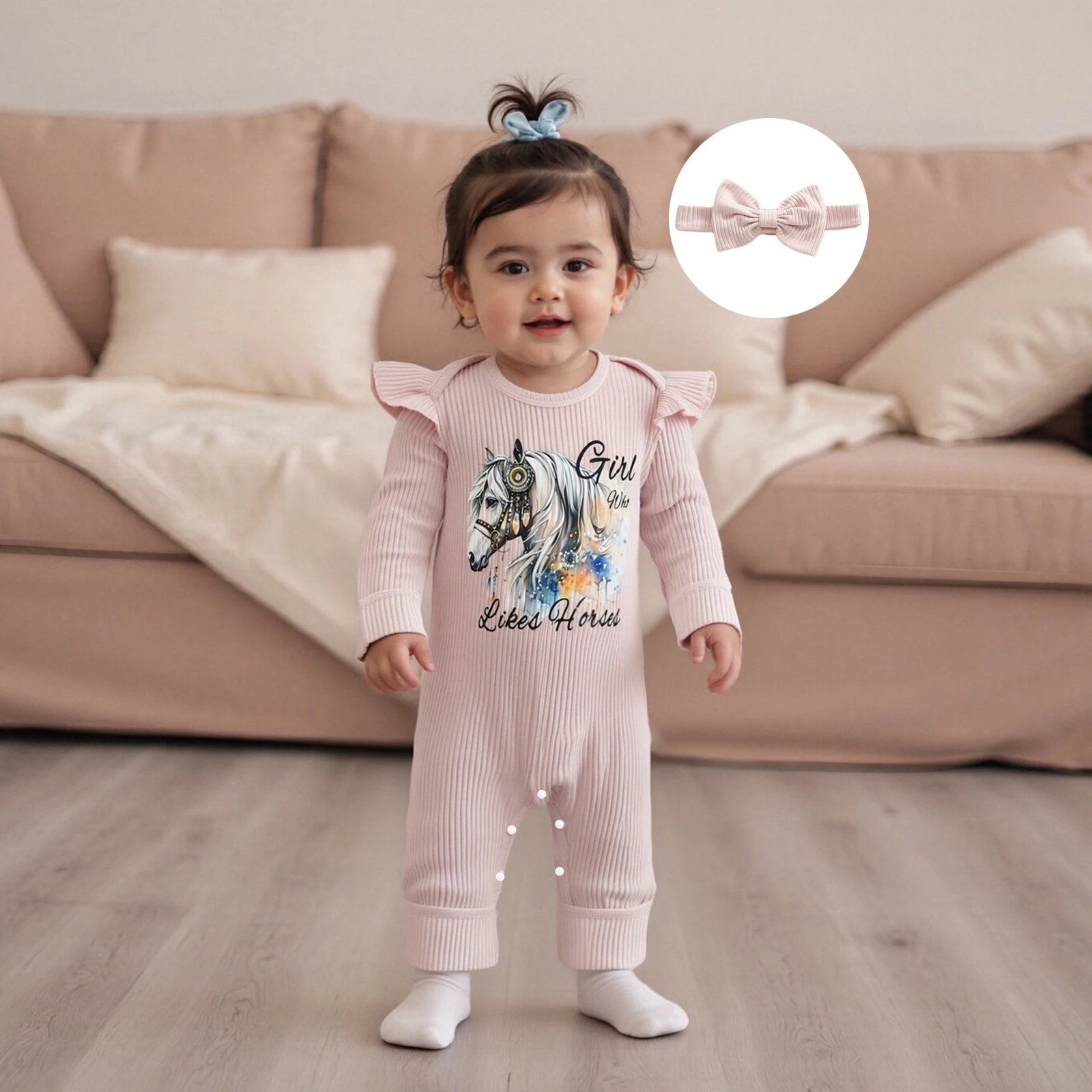 بدلة رومبير كاجوال للخريف للفتيات الصغيرات بأكمام طويلة ورقبة دائرية وطبعة حصان مع عصابة رأس