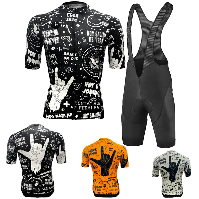 Men\'s Tattoo Cycling Jerseys Black Bike Kit Grey Orange Shirt Short Sleeve Sets Bicycle Clothing Bib Pants Ride Wear