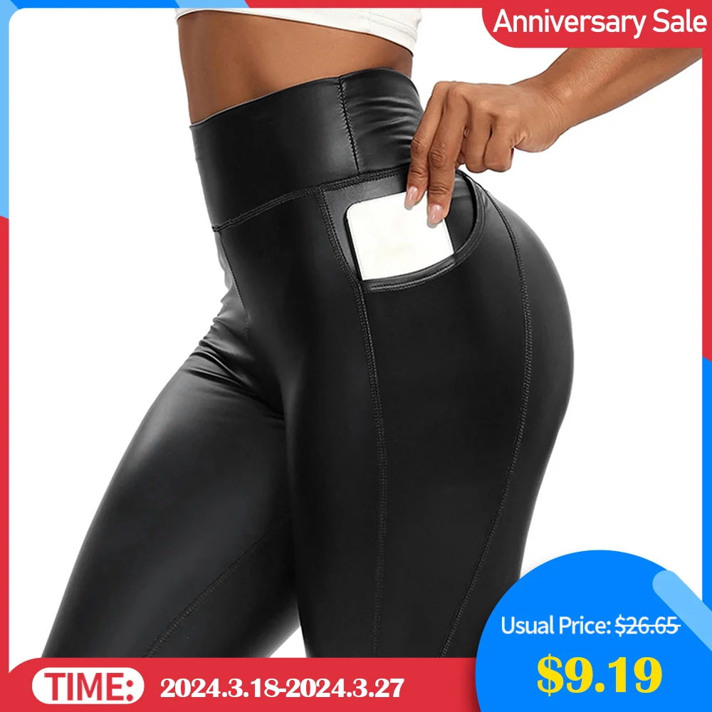 PU Leather Leggings With Pocket Women's Faux Thin Yoga Pants Sexy Night Club Leggins High Waist Curvy Gym Elastic Fitness Pants