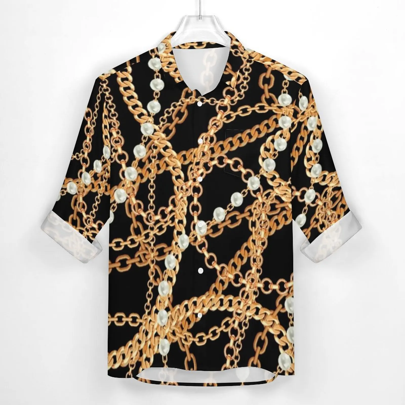 Chain Print And Pearls Shirt Spring Gold Link Casual Shirts Mens Novelty Blouses Long Sleeve Design Street Clothing Big Size