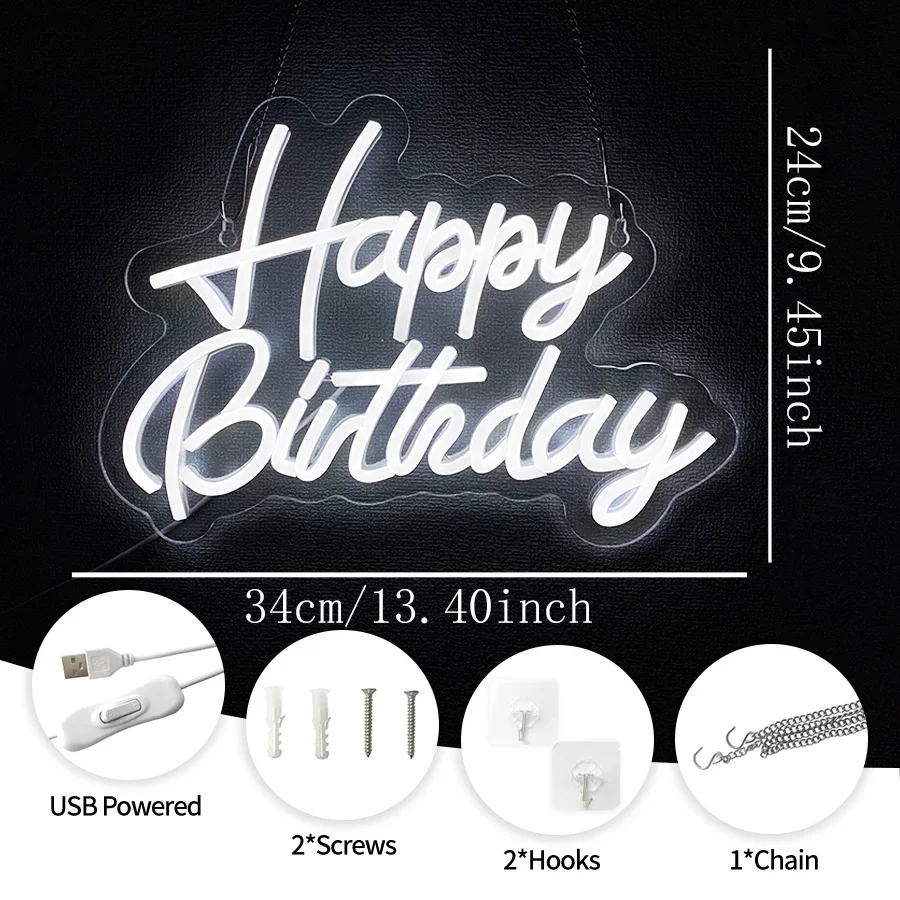 USB Powered LED Neon Sign with Switch, Ideal for All Ages Home Party Decor Happy Birthday Neon Sign for Wall Decor