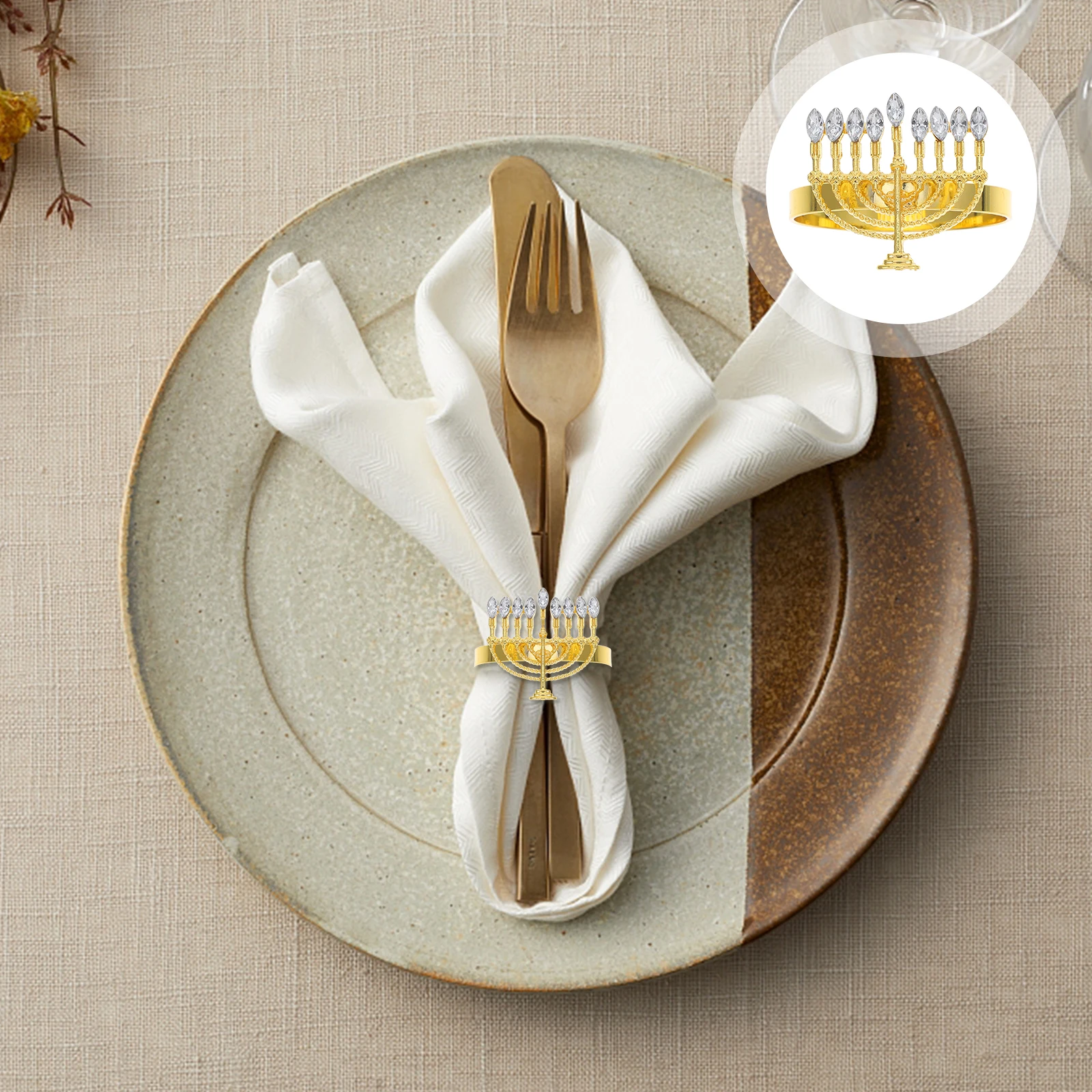 

6pcs Napkin Rings Golden Metal Restaurant Decor Hanukkah Menorah Shaped Elegant Serviette Buckles