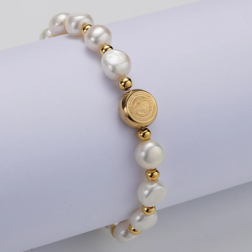 الفولاذ المقاوم للصدأ سان بينيتو سوار اللؤلؤ الطبيعي سوار للنساء الذهب معدن St بنديكت ميدالية سوار الدين مجوهرات #1