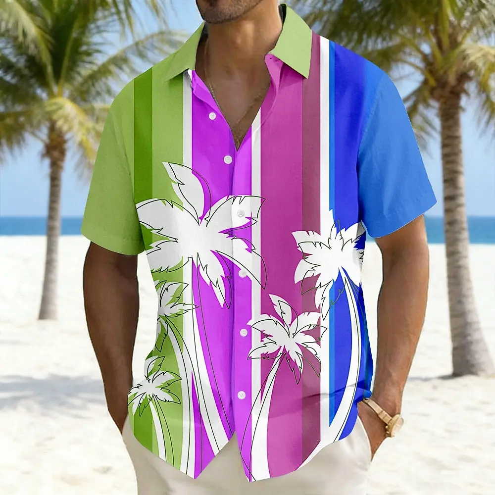 Men's Retro Rainbow Stripe Shirt – Stylish Short Sleeve Button Up For Street Style, Music Festivals & Weekend Outings
