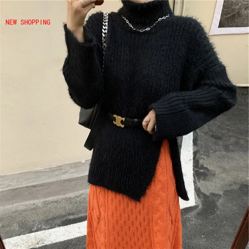 Fashion Fluffy Mohair Women's Sweater Turtleneck Black 2021 New Slit Design Mid-length Sweaters Elegant Chic Pullover Tops Loose