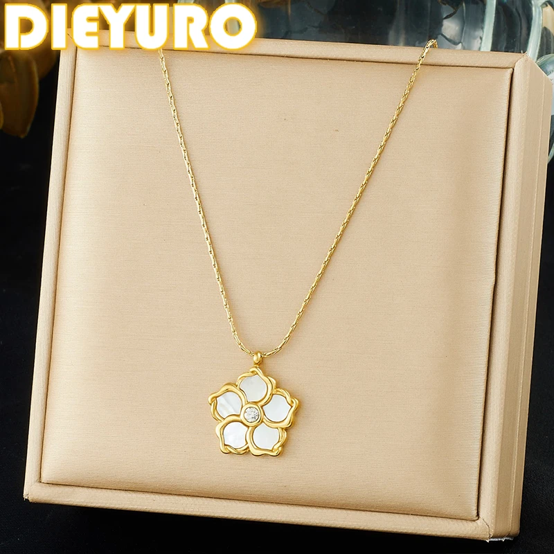 DIEYURO 316L Stainless Steel White Shell Five Leaf Flower Inlay Round Zircon Pendant Necklace Lady Fashion Neck Chain Jewelry