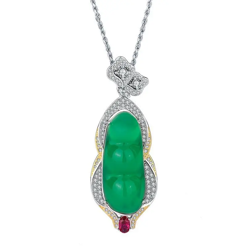 New Jewelry S925 Silver Hot Selling Green Chalcedony Green Bean Pendant Necklace for Women