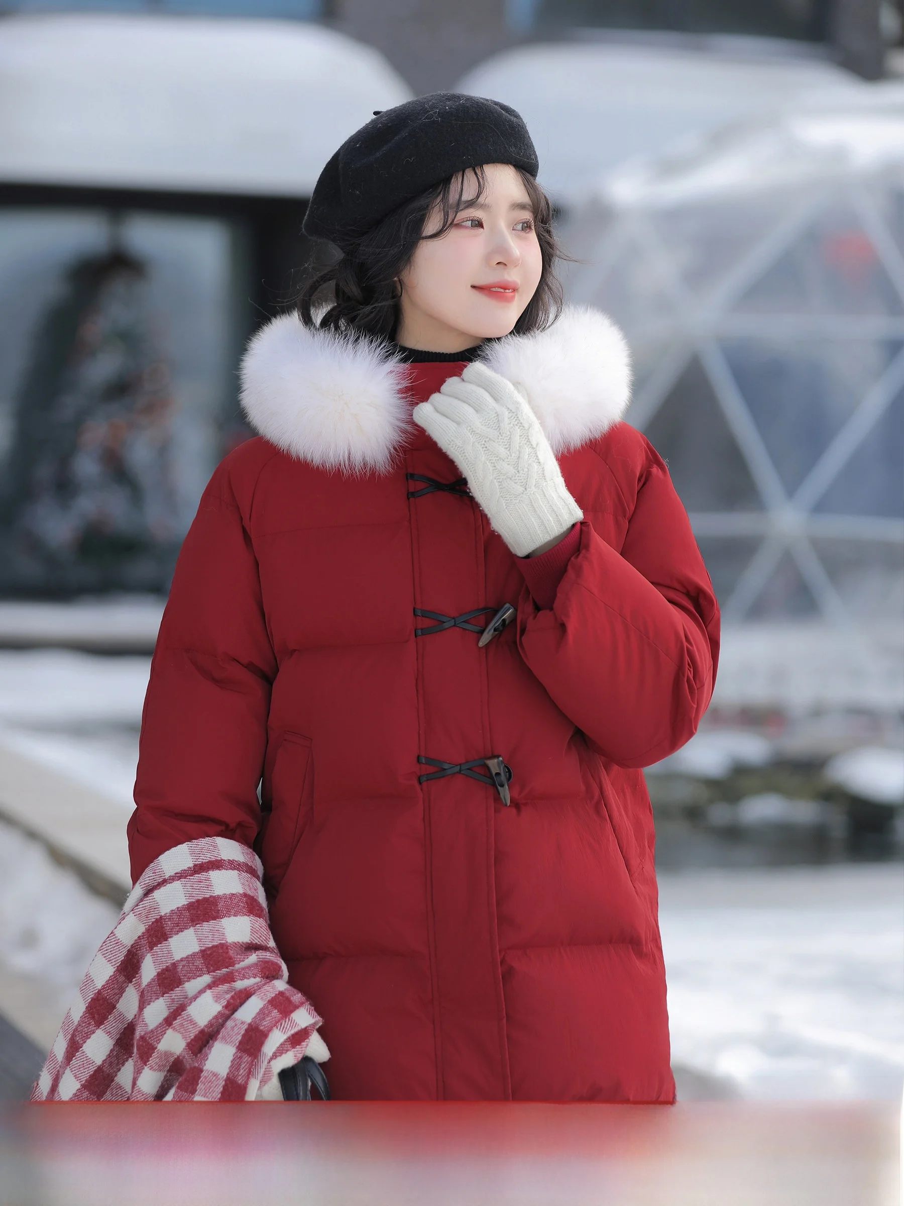 

Lingjiu Frontier Wild Rose Women's down Jacket Red New Year Loose Large Fur Collar Coat Korean Style Straight Cut Warmth