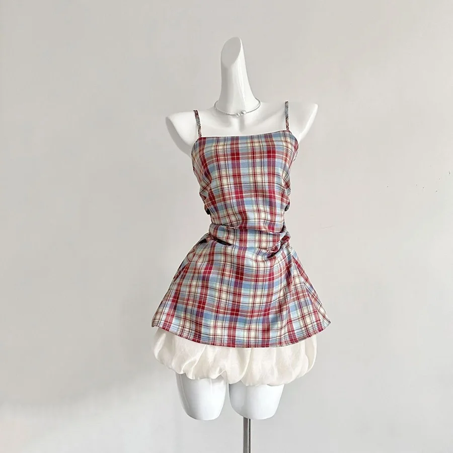 2025 Summer Skirts For Women Sweet Spaghetti Strap Elegant Slim Fitting Camisole Tops Solid Ball Gown Bouffant Skirt 2-piece Set
