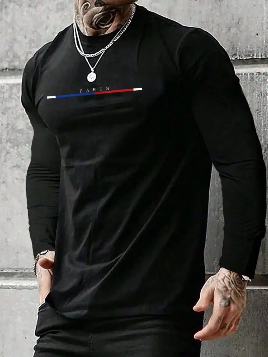 

New Men's Casual Long Sleeve T-Shirt Monogram Print Solid Color Vintage O-Neck Classic Spring Summer Daily Party Long Sleeve