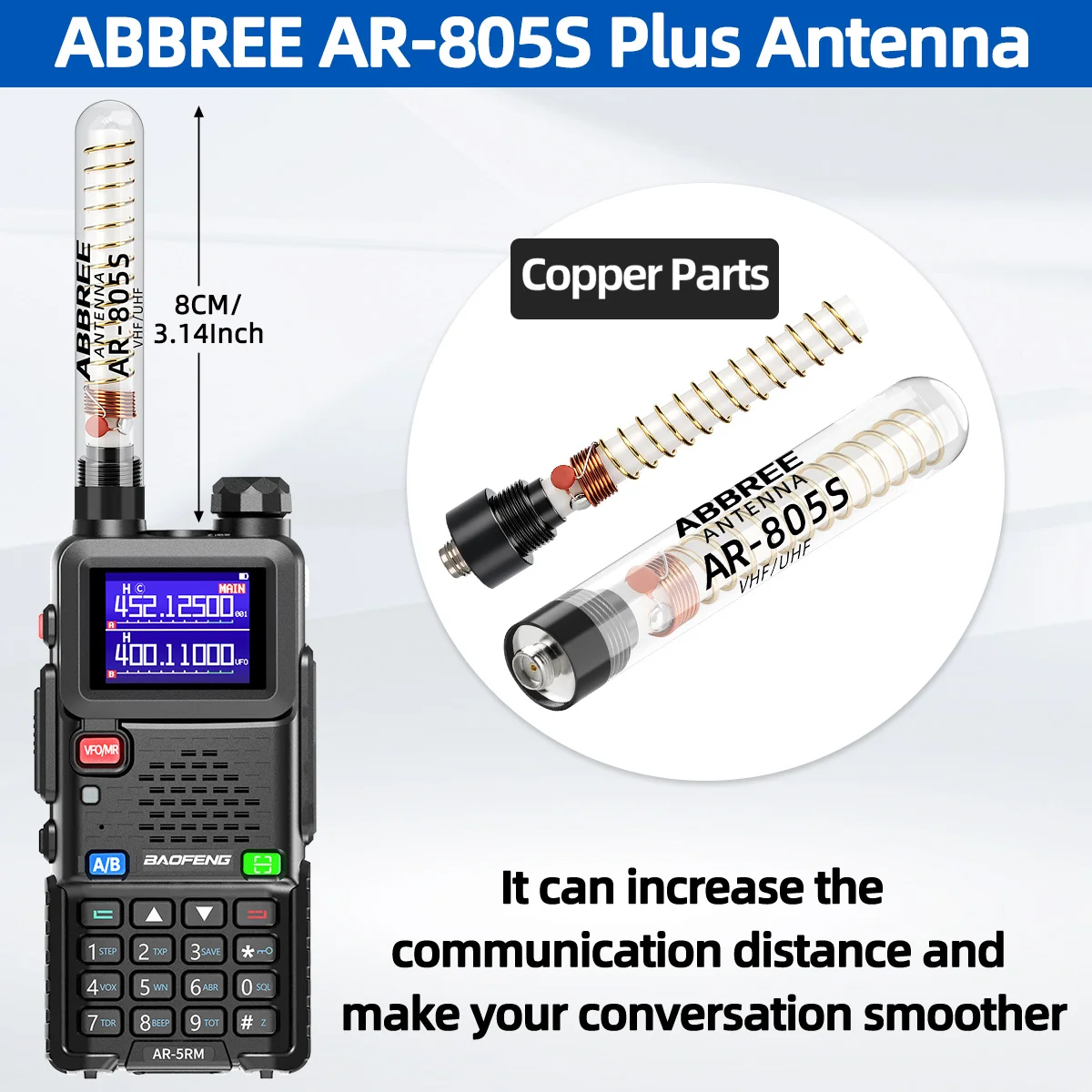 ABBREE Transparente AR-805 Plus AR-805S Dualband-Antenne mit hoher Verstärkung, SMA-Buchse, große Reichweite für Baofeng UV-5R UV-21 PRO Amateurfunk – Detail 4